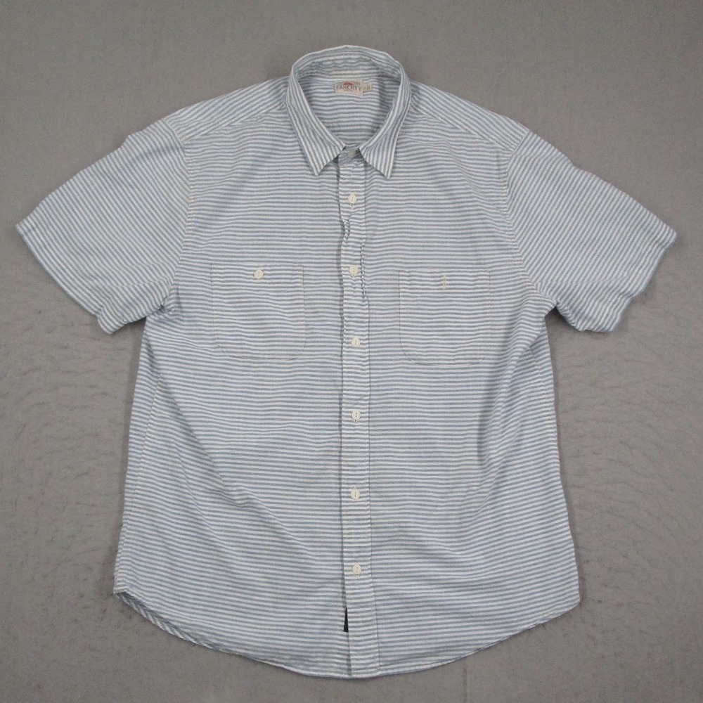Faherty Brand Men Large Blue White Striped Cotton Short Sleeve Button Down Shirt